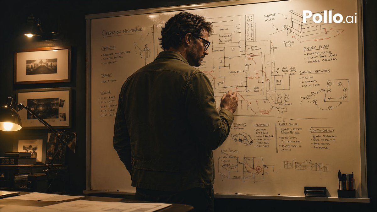 Comic / Storyboard - Cinematic Heist Mastermind at Whiteboard